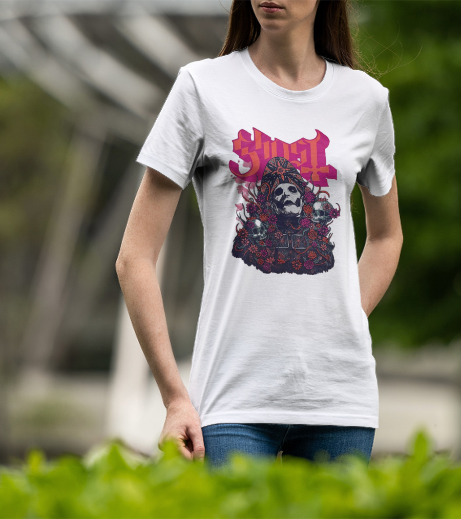 Ghost Skull In Floral Bliss Pink Crystal Wash T-Shirt