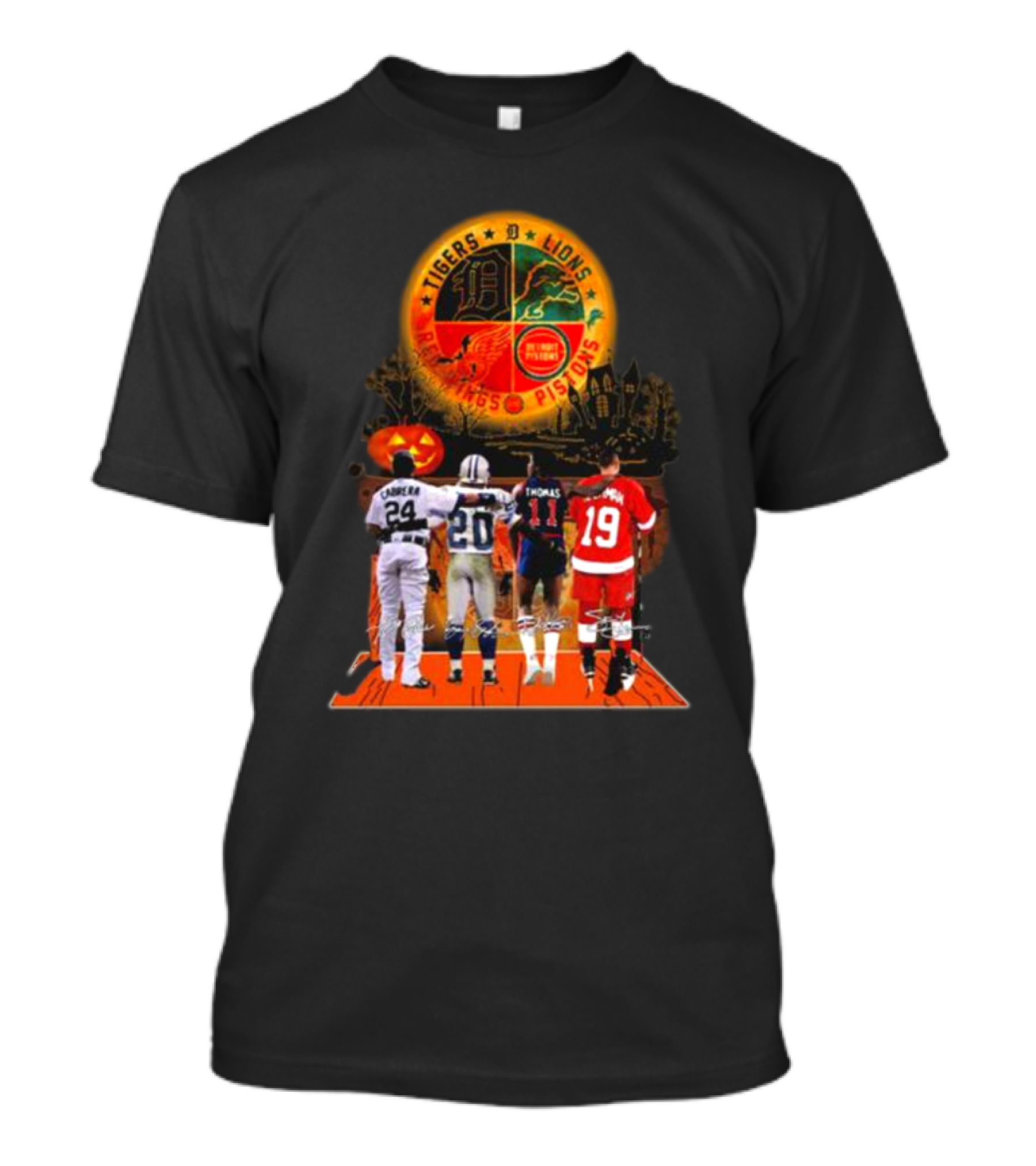 Detroit Tigers Lions Pistons Red Wings Halloween Signatures Cabrera Sanders Thomas Yzerman T-Shirt