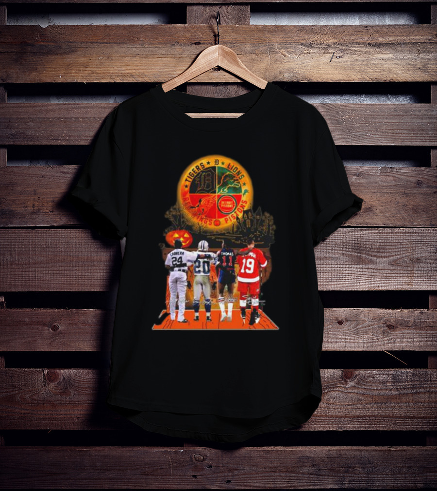 Detroit Tigers Lions Pistons Red Wings Halloween Signatures Cabrera Sanders Thomas Yzerman T-Shirt