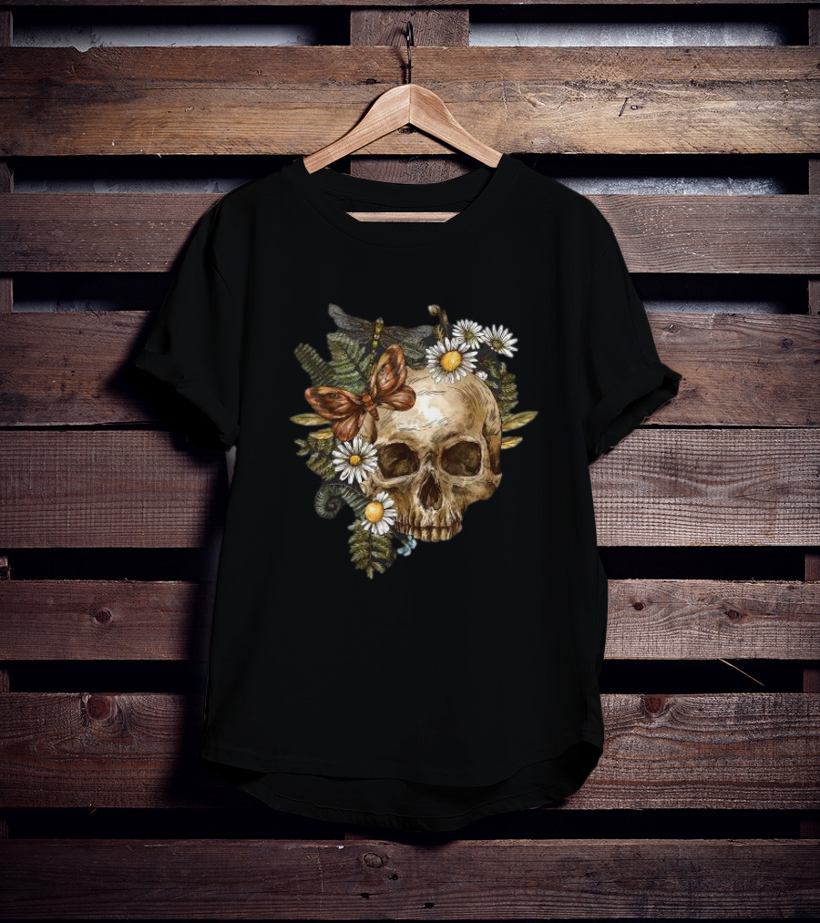 Skull With Butterfly And Dragonfly Surrounded By Autumn Leaves And Daisies T-Shirt