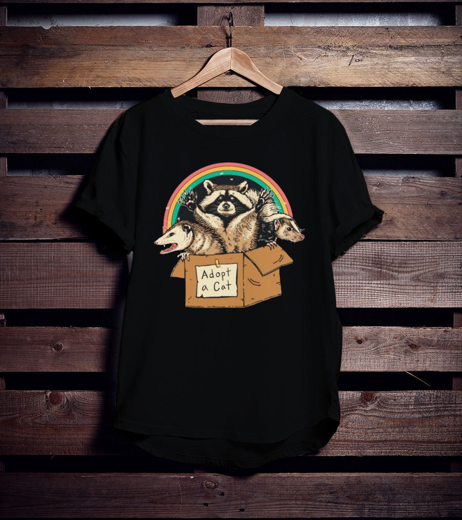 Wicked Clothes Adopt A Cat Raccoon And Opossum In Cardboard Box Rainbow T-Shirt