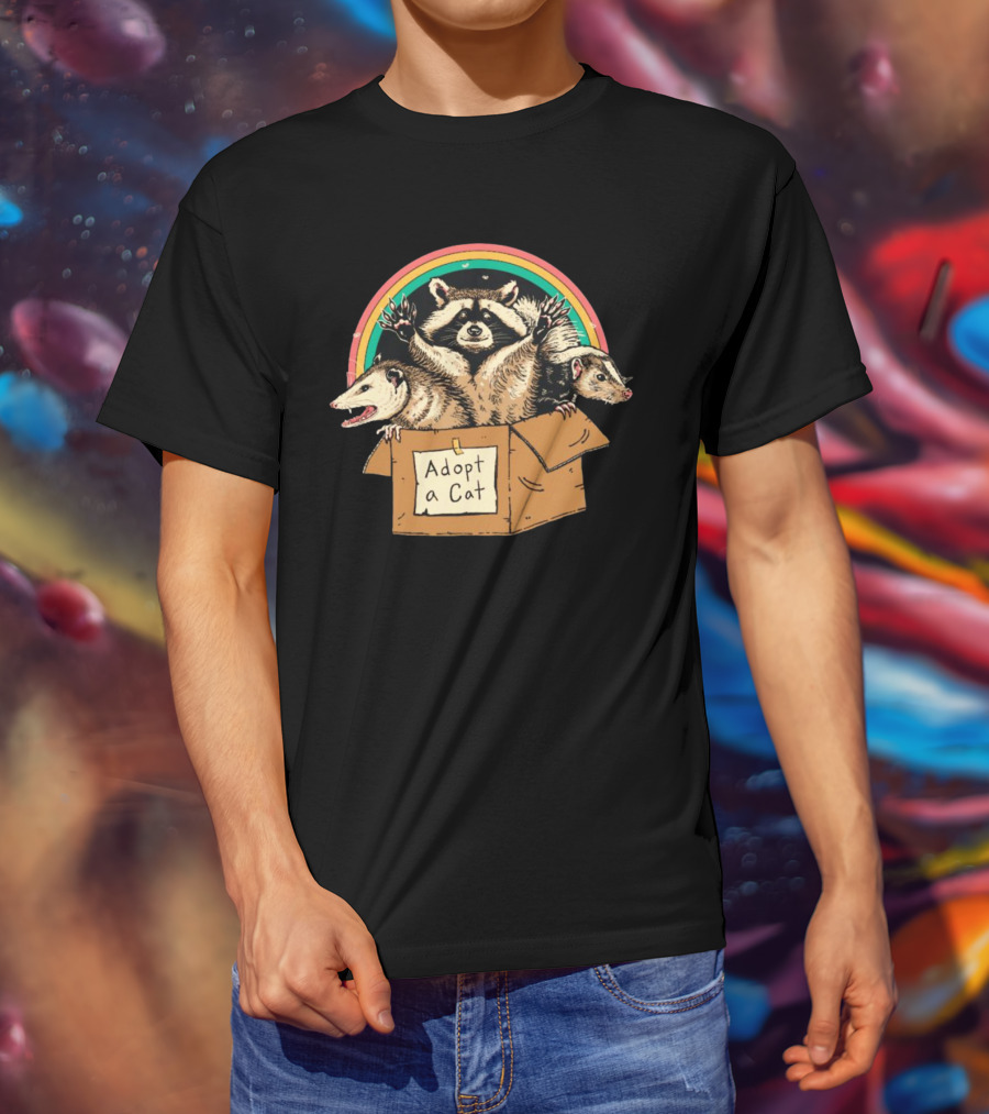 Wicked Clothes Adopt A Cat Raccoon And Opossum In Cardboard Box Rainbow T-Shirt