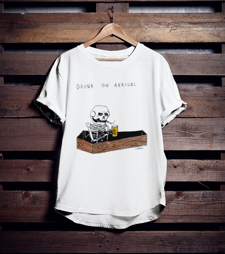 Matt Gray Drunk On Arrival Skeleton In Coffin Holding Drink T-Shirt