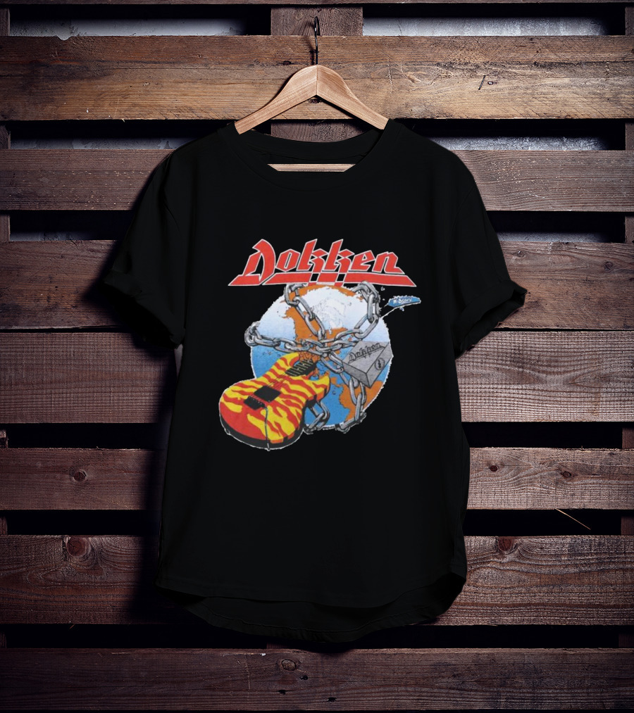 1980s Dokken Rokken With Dokken Flaming Guitar Chained To Globe T-Shirt