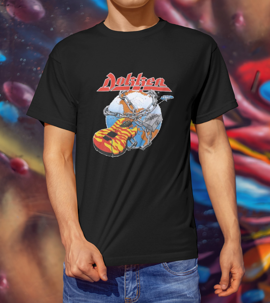 1980s Dokken Rokken With Dokken Flaming Guitar Chained To Globe T-Shirt