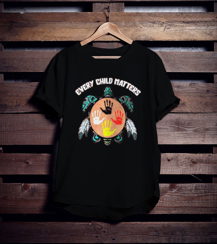 Every Child Matters Turtle With Handprints And Feathers T-Shirt