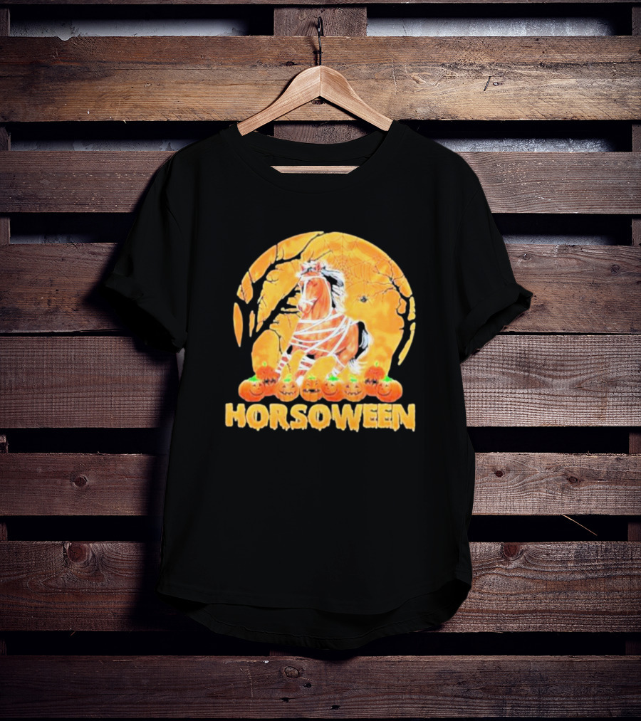 Horsoween Bandaged Horse Spider Web Haunted Pumpkins Red Moon Halloween T-Shirt