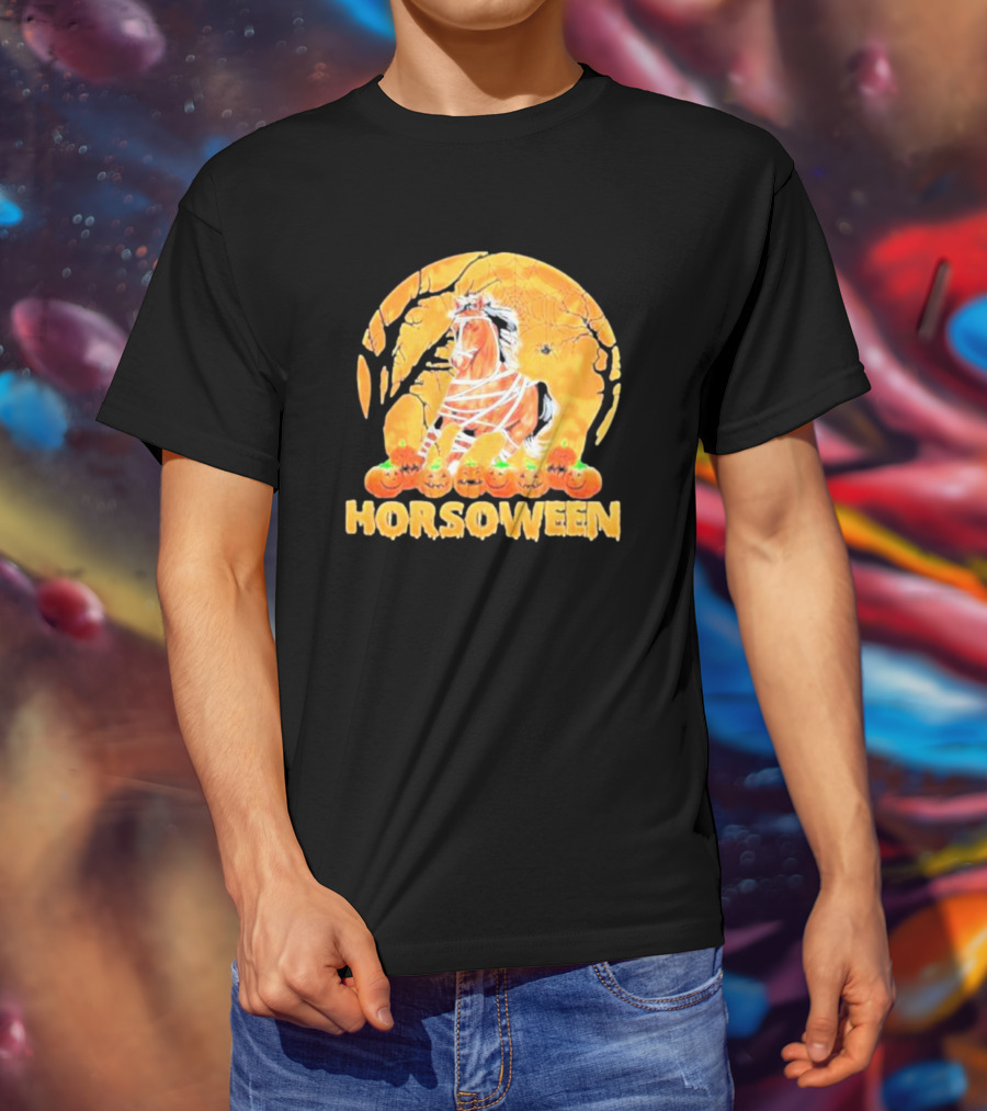 Horsoween Bandaged Horse Spider Web Haunted Pumpkins Red Moon Halloween T-Shirt