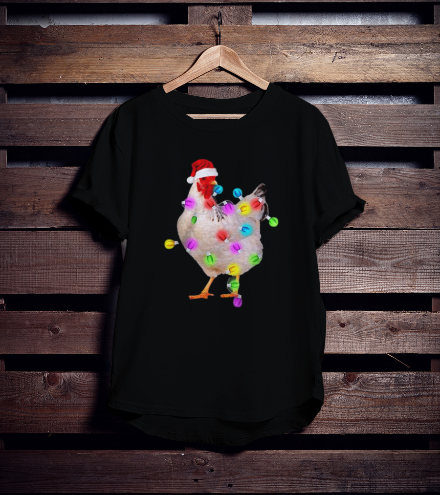 Chicken In Santa Hat With Colorful Christmas Lights T-Shirt