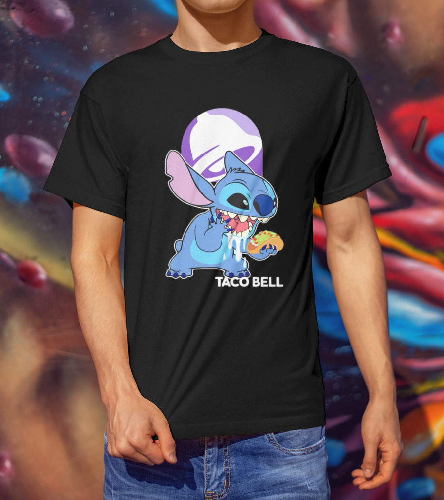 Stitch Eating Taco Bell Tacos With Logo Background T-Shirt