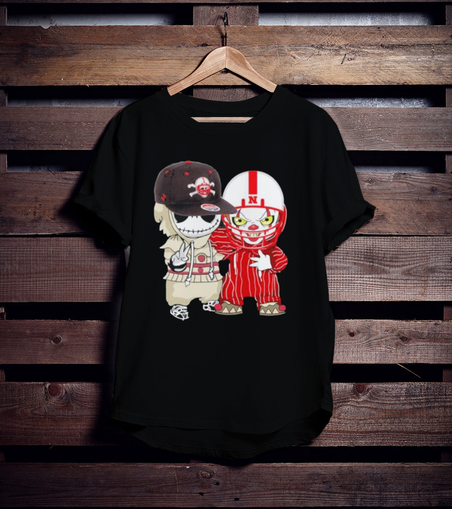 Baby Jack Skellington And Pennywise Nebraska Cornhuskers Halloween Characters T-Shirt