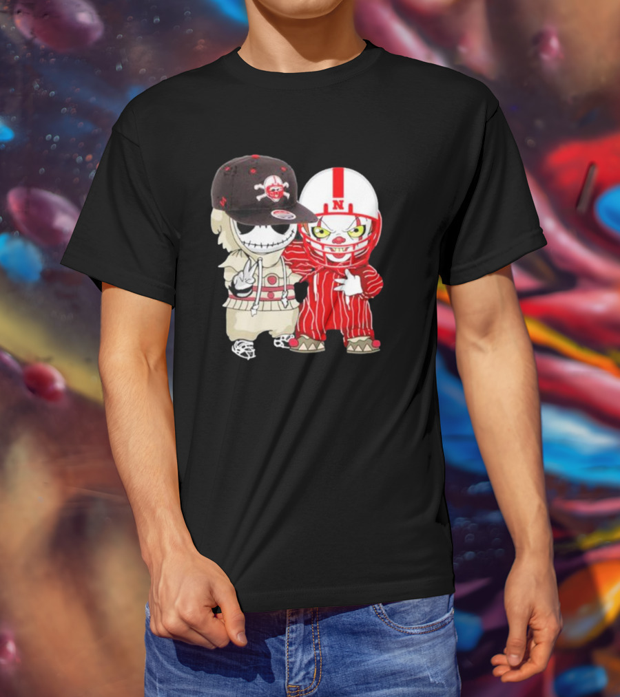 Baby Jack Skellington And Pennywise Nebraska Cornhuskers Halloween Characters T-Shirt