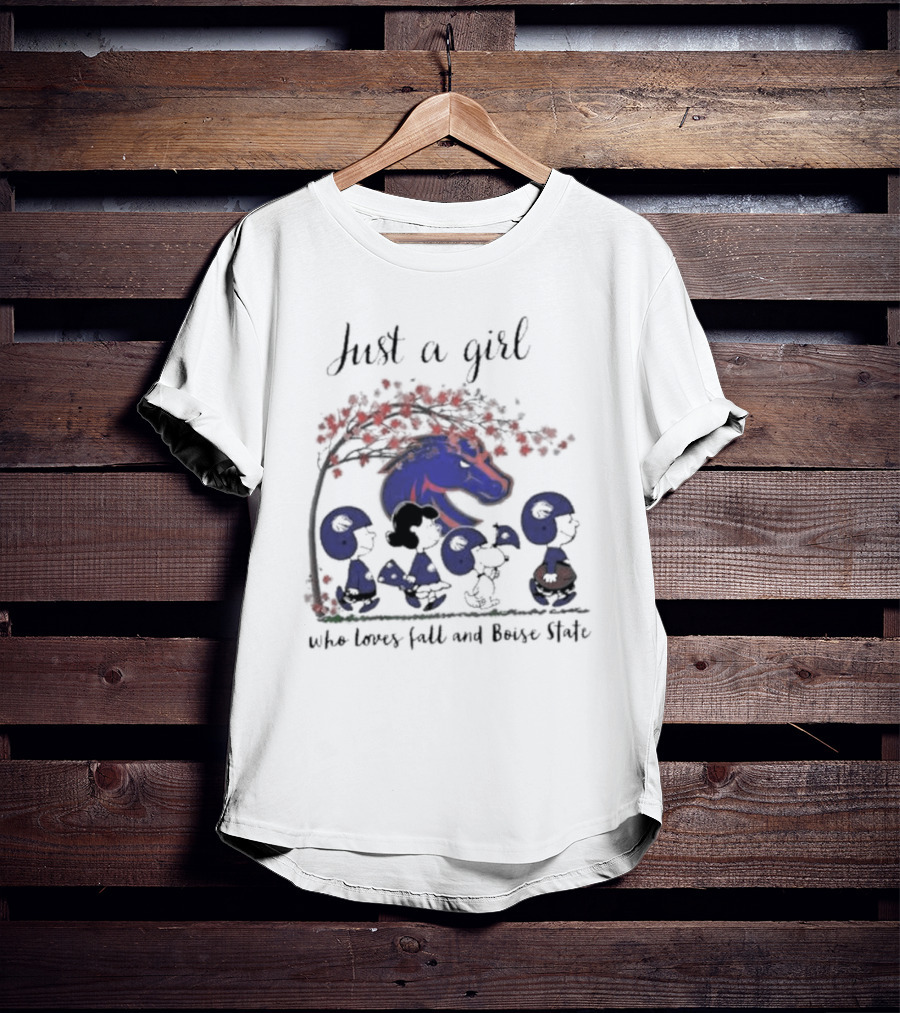Just A Girl Who Loves Fall And Boise State Broncos Peanuts Snoopy Charlie Brown T-Shirt