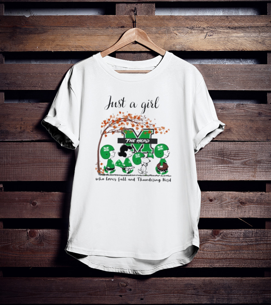 Just A Girl Who Loves Fall And Marshall Thundering Herd Peanuts Charlie Brown Lucy Autumn Leaves T-Shirt