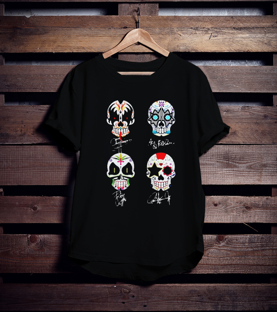 Kiss Band 4 Skull Faces Simmons Stanley Frehley Criss Signature T-Shirt