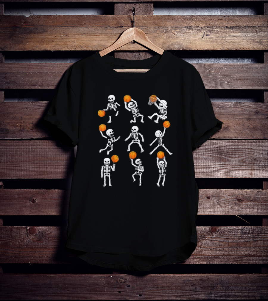 Halloween Skeletons Dunking Dribble Basketball Players T-Shirt