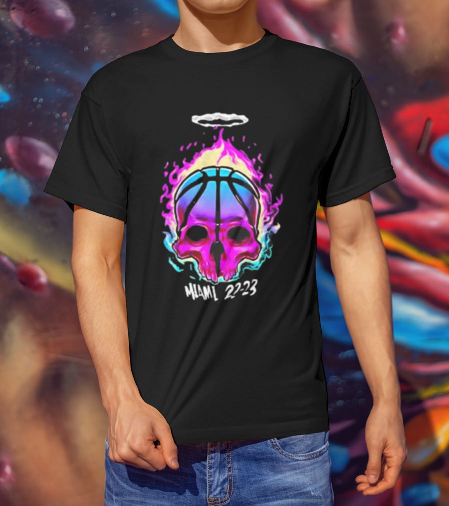 Kiwiclo Miami 22-23 Flaming Skull Basketball Halo T-Shirt