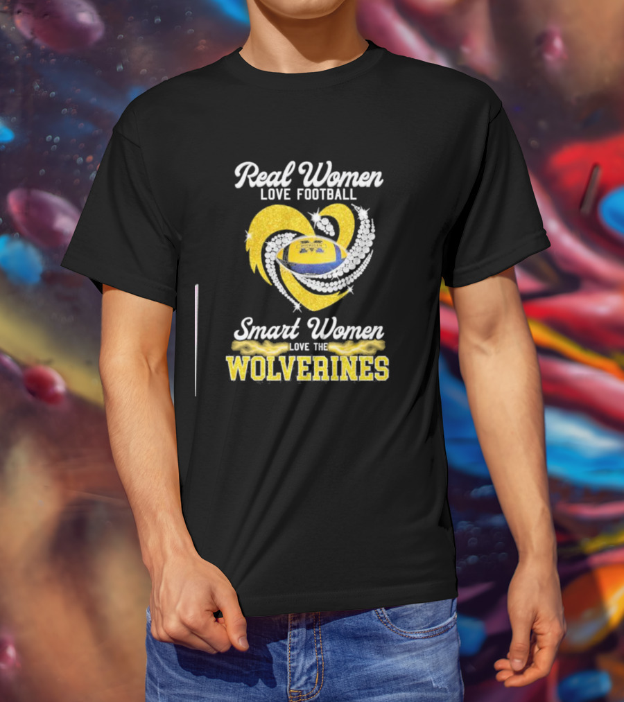 Real Women Love Football Smart Women Love The Wolverines Sparkling Heart Football T-Shirt