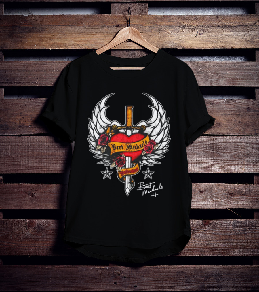 Bret Michaels Heart And Sword Winged Emblem With Roses And Stars T-Shirt