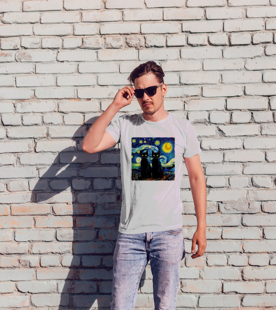 Black Cats Starry Night Vincent Van Gogh Painting Fusion T-Shirt