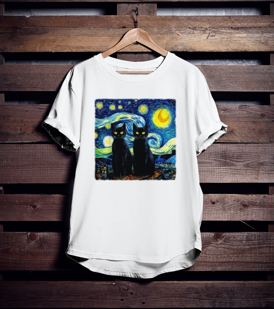 Black Cats Starry Night Vincent Van Gogh Painting Fusion T-Shirt