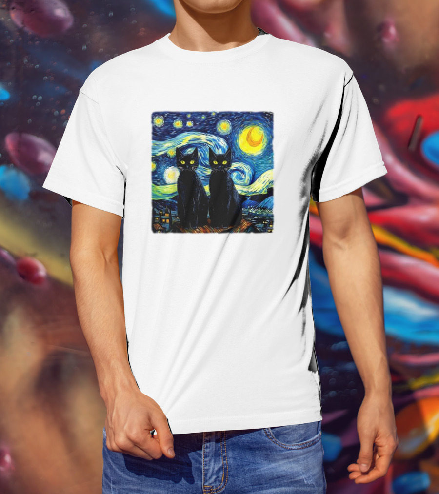 Black Cats Starry Night Vincent Van Gogh Painting Fusion T-Shirt