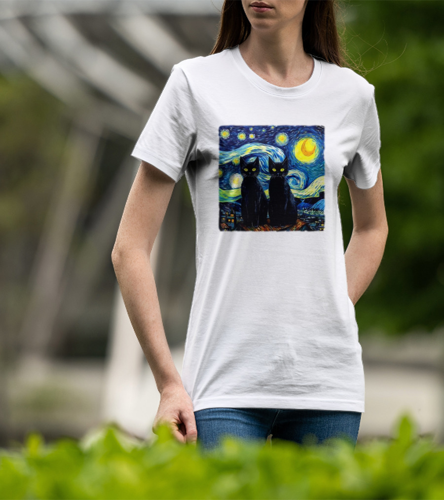 Black Cats Starry Night Vincent Van Gogh Painting Fusion T-Shirt