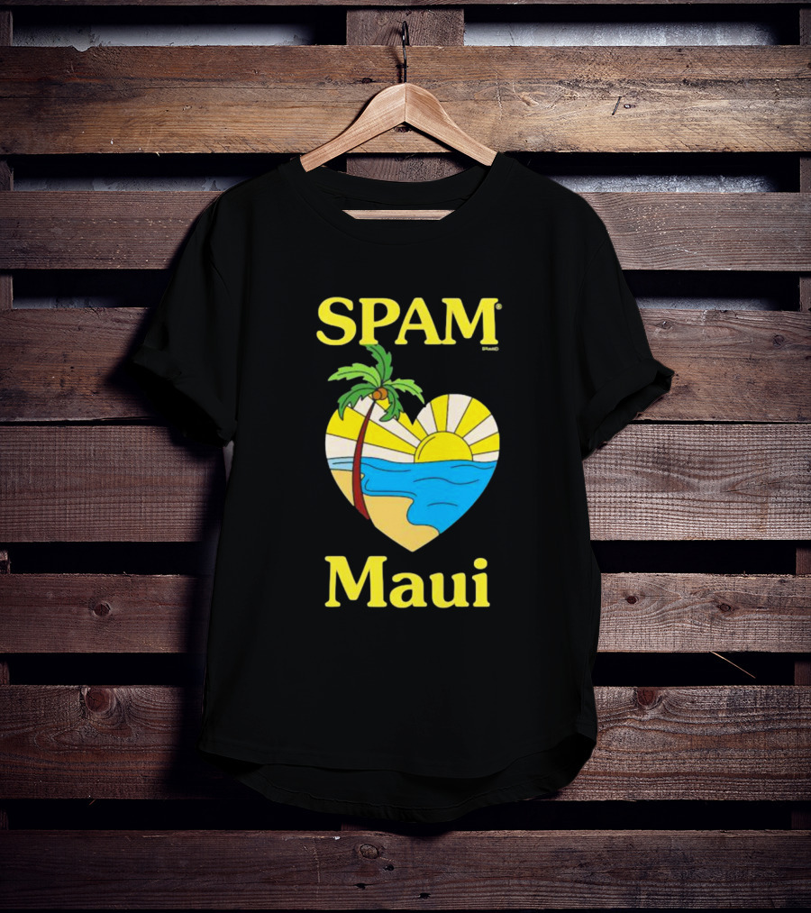 SPAM Brand Maui Heart Beach Sunset And Palm Tree T-Shirt