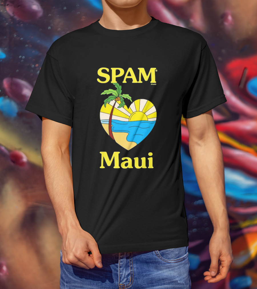 SPAM Brand Maui Heart Beach Sunset And Palm Tree T-Shirt