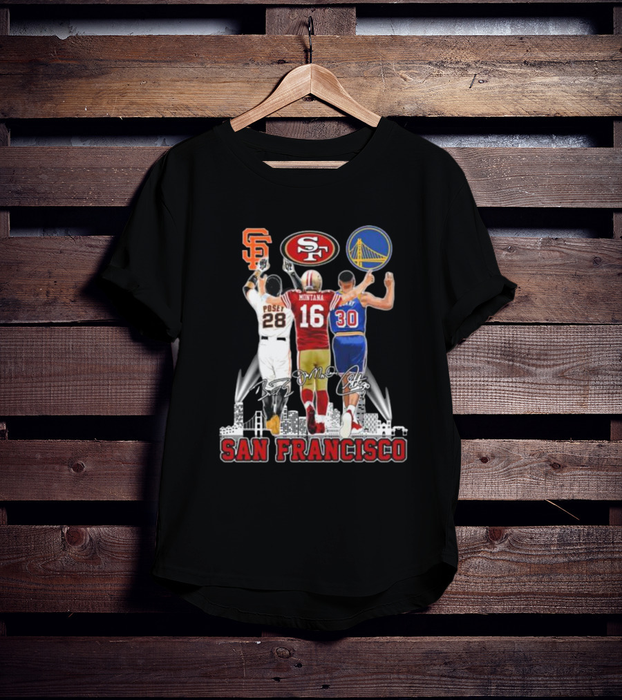 San Francisco Giants 49ers Warriors Buster Posey Joe Montana Stephen Curry Signatures T-Shirt