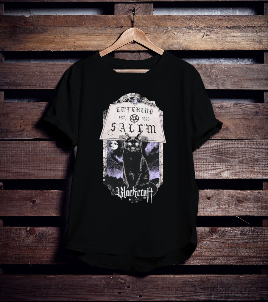 Blackcraft Cult Entering Salem Est. 1626 Black Cat And Crescent Moon Scene T-Shirt