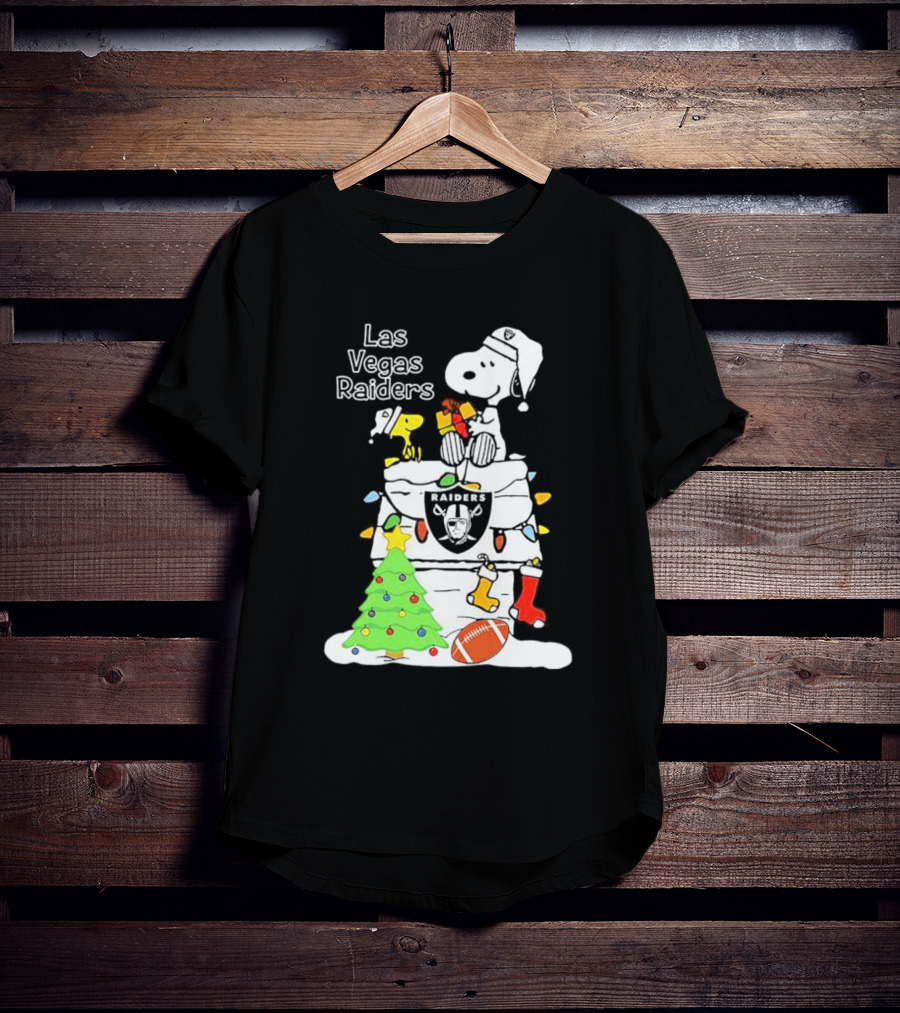 Las Vegas Raiders NFL Christmas Snoopy And Woodstock With Tree And Football T-Shirt
