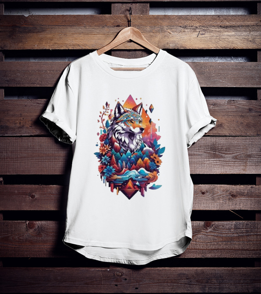 Colorful Geometric Wolf With Mountains And Flowers T-Shirt