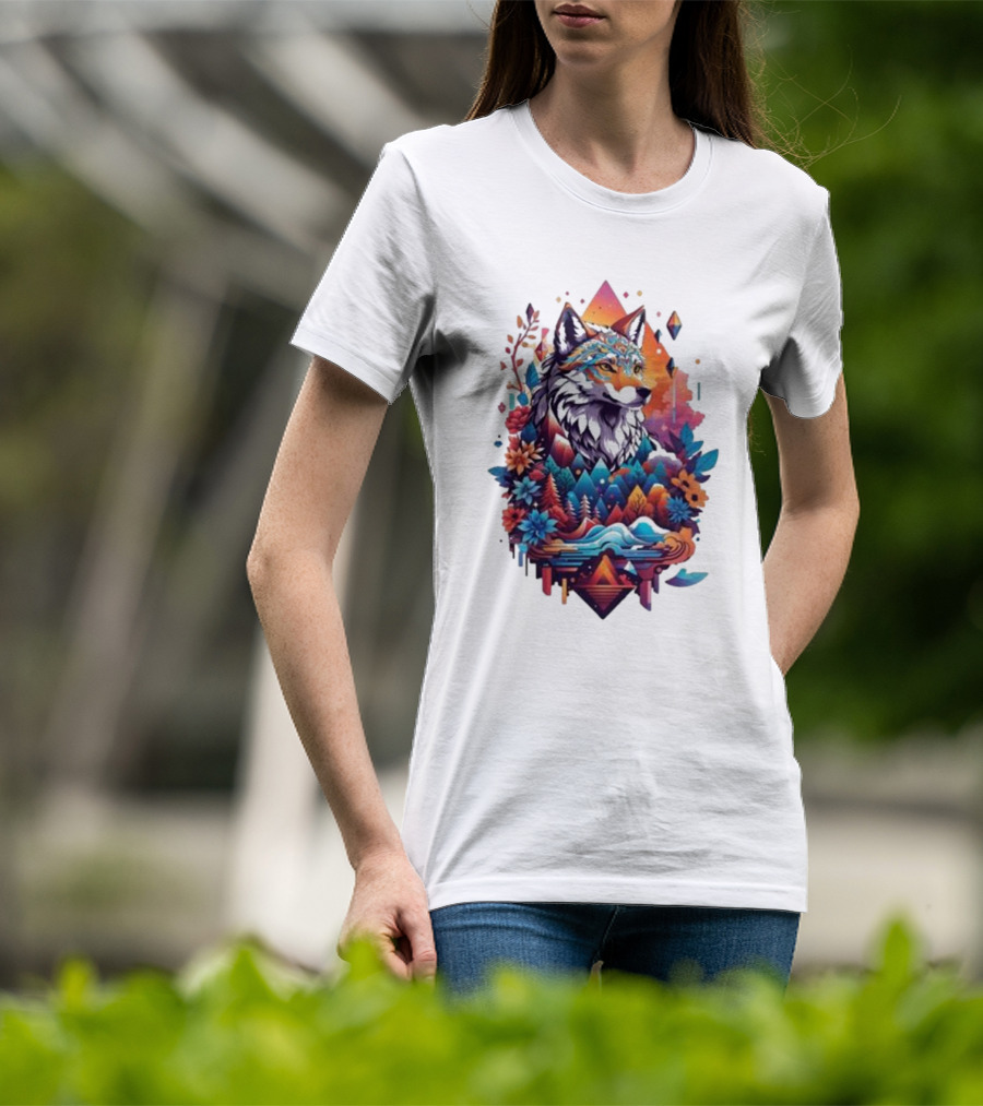 Colorful Geometric Wolf With Mountains And Flowers T-Shirt