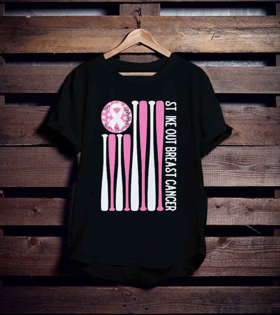 Strike Out Breast Cancer Baseball Pink Ribbon American Flag T-Shirt