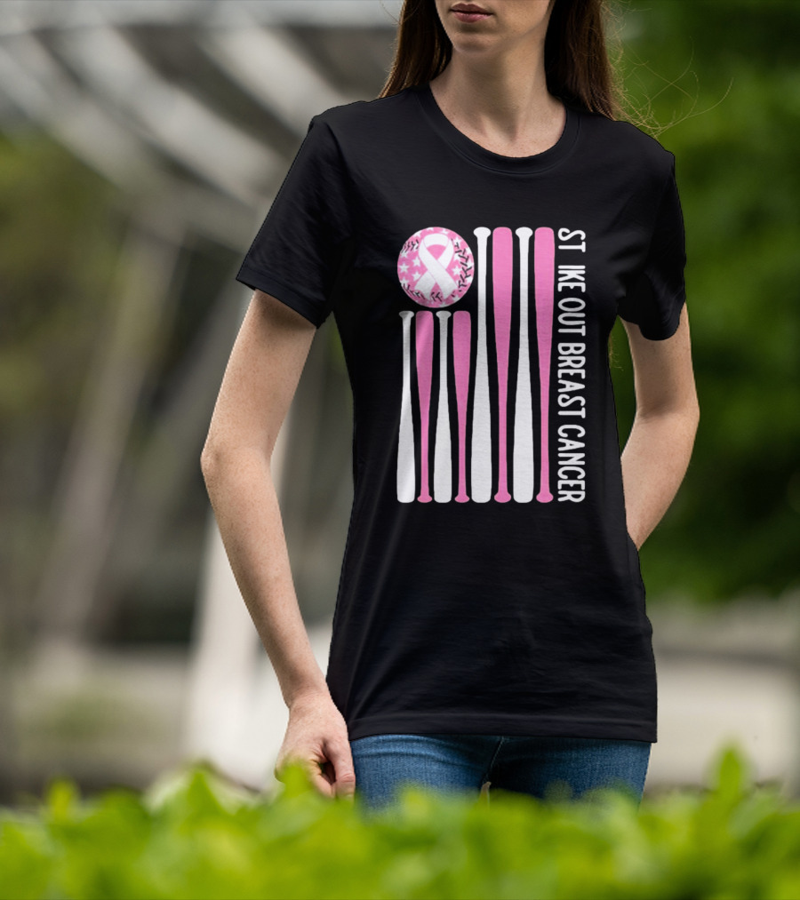 Strike Out Breast Cancer Baseball Pink Ribbon American Flag T-Shirt
