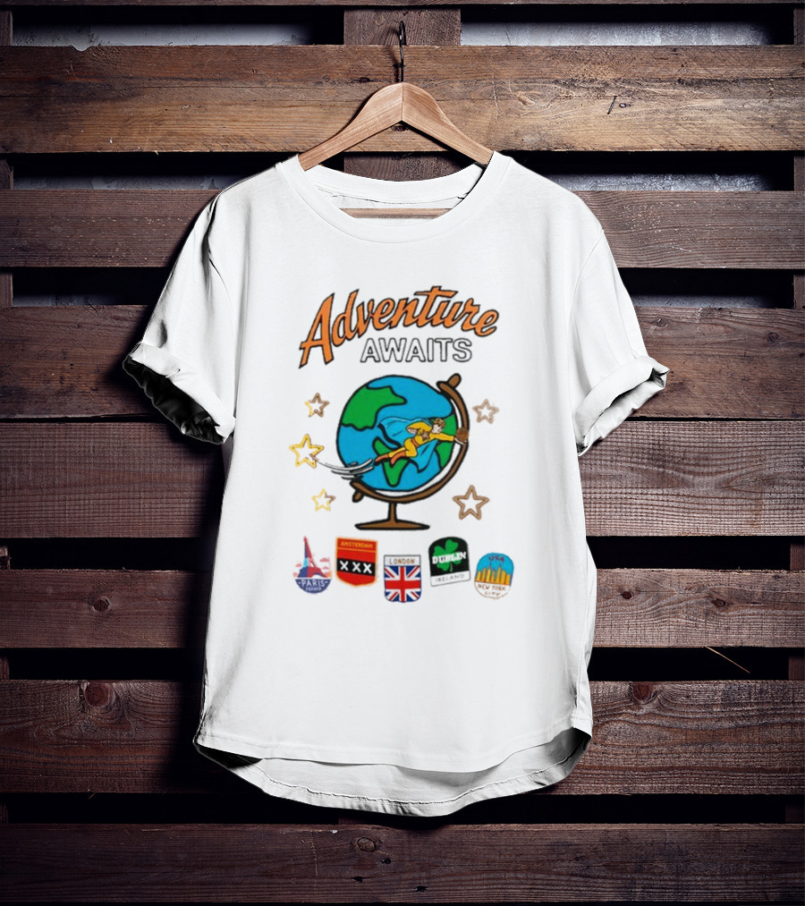 Adventure Awaits One Cent Travel Club Globe Paris Amsterdam London USA Icons T-Shirt
