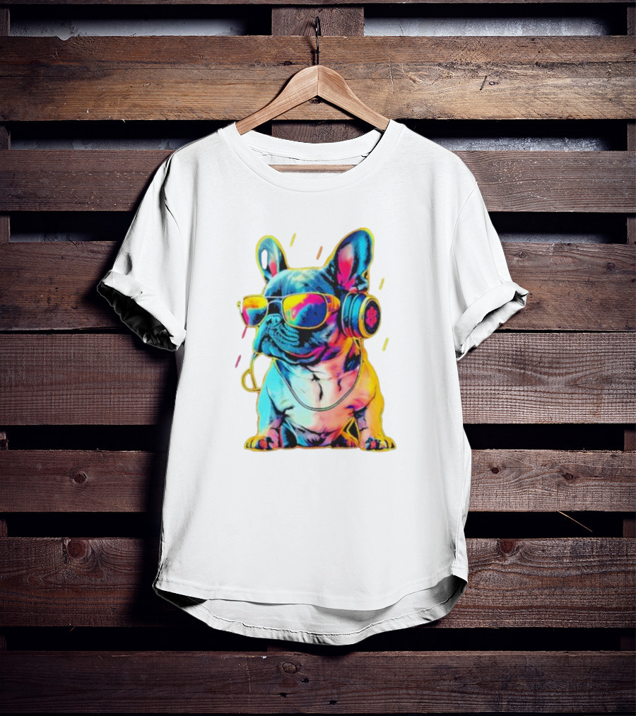 Bulldog Neon Headphones Vibrant Colors T-Shirt
