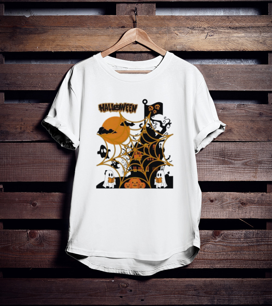 Halloween Spider Web Castle Moon Ghosts Pumpkins T-Shirt