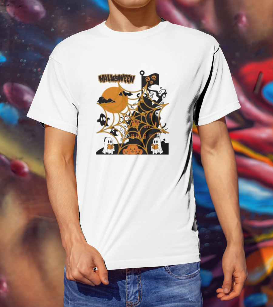 Halloween Spider Web Castle Moon Ghosts Pumpkins T-Shirt