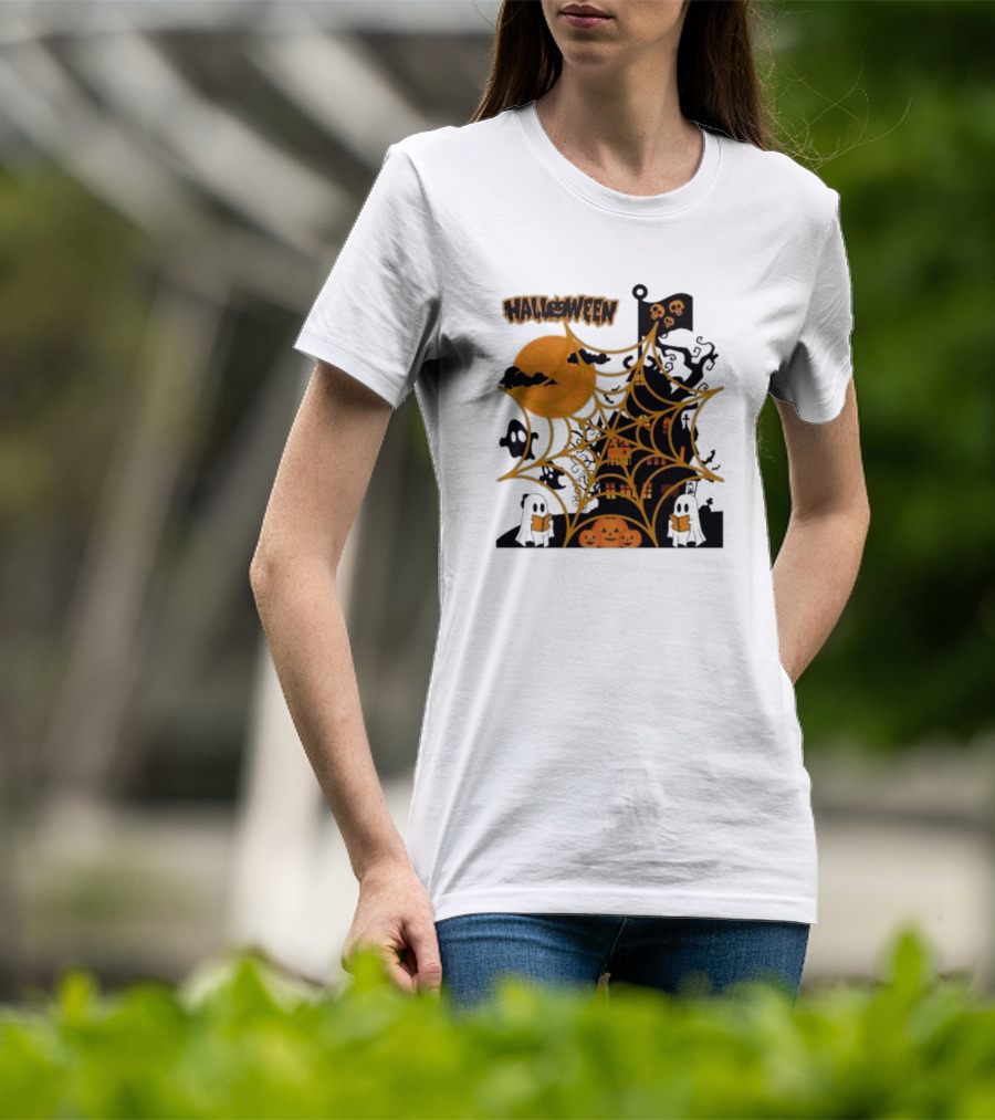 Halloween Spider Web Castle Moon Ghosts Pumpkins T-Shirt
