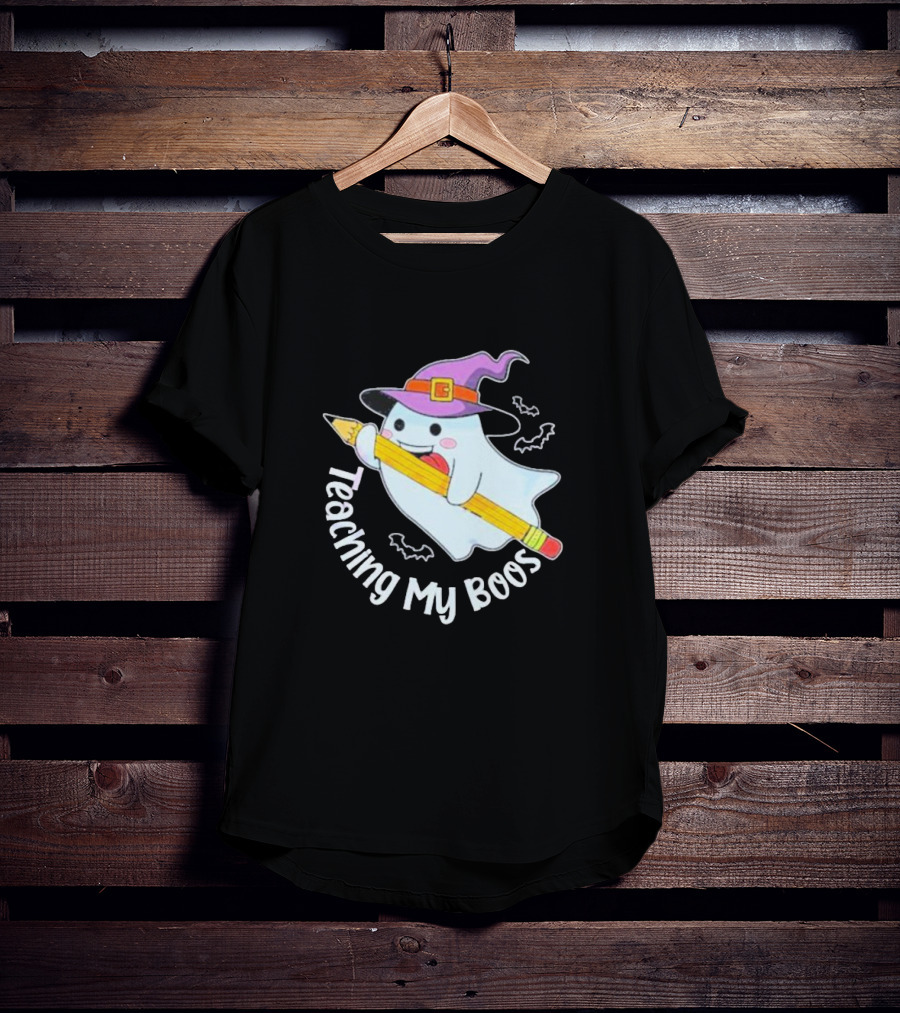Teaching My Boos Halloween Ghost Funny Teacher Witch Hat Bat Pencil T-Shirt