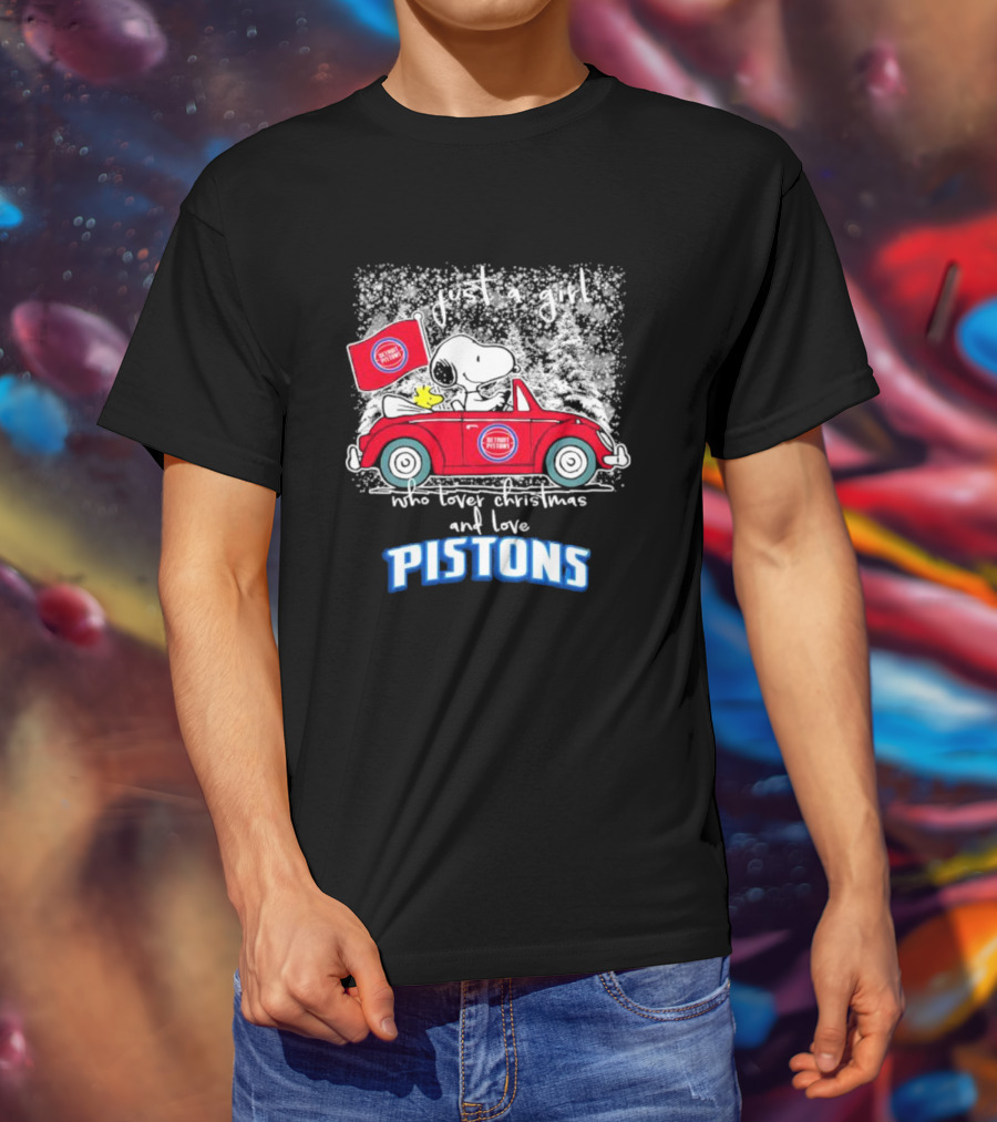 Snoopy And Woodstock Just A Girl Who Loves Christmas And Detroit Pistons T-Shirt