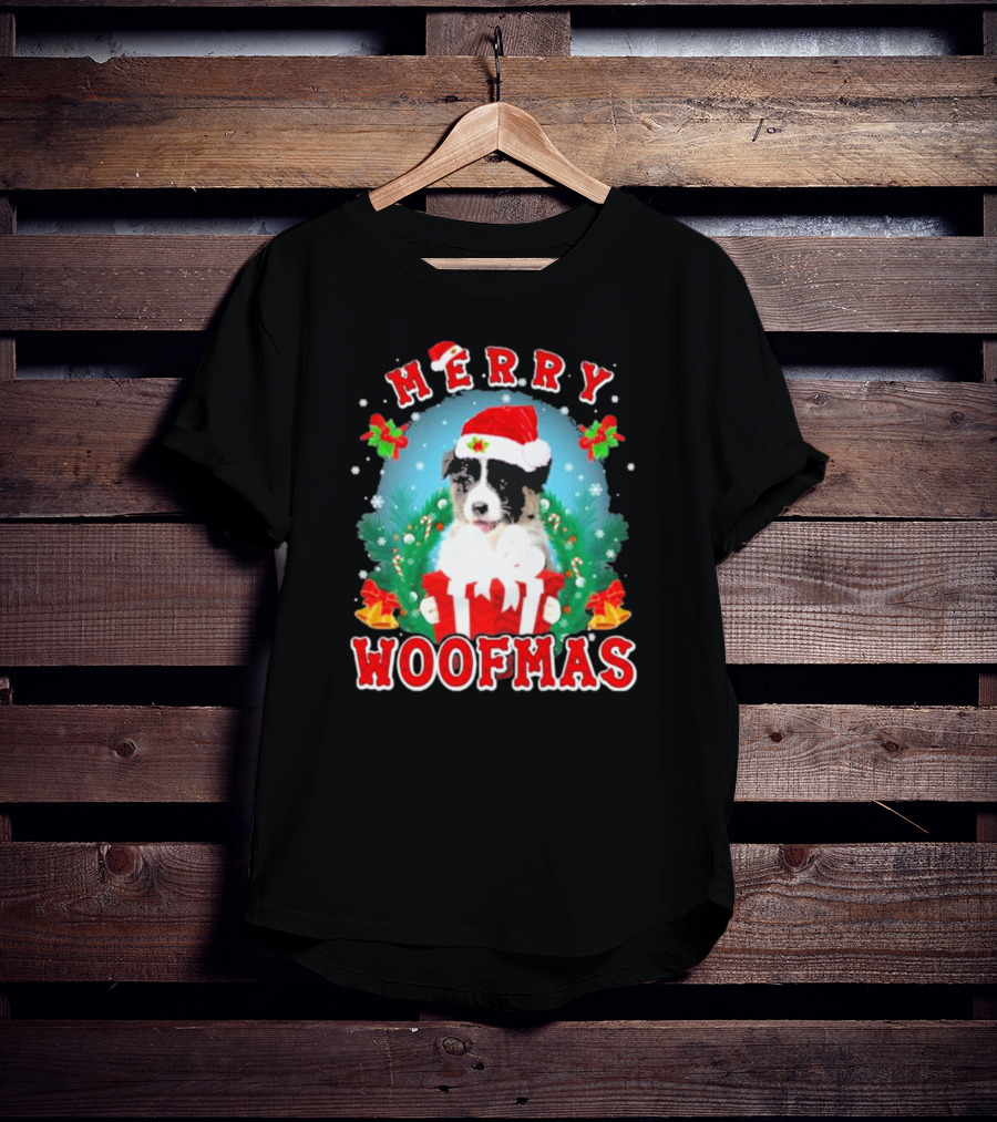 Merry Woofmas Australian Shepherd Dog In Santa Hat With Christmas Gift T-Shirt