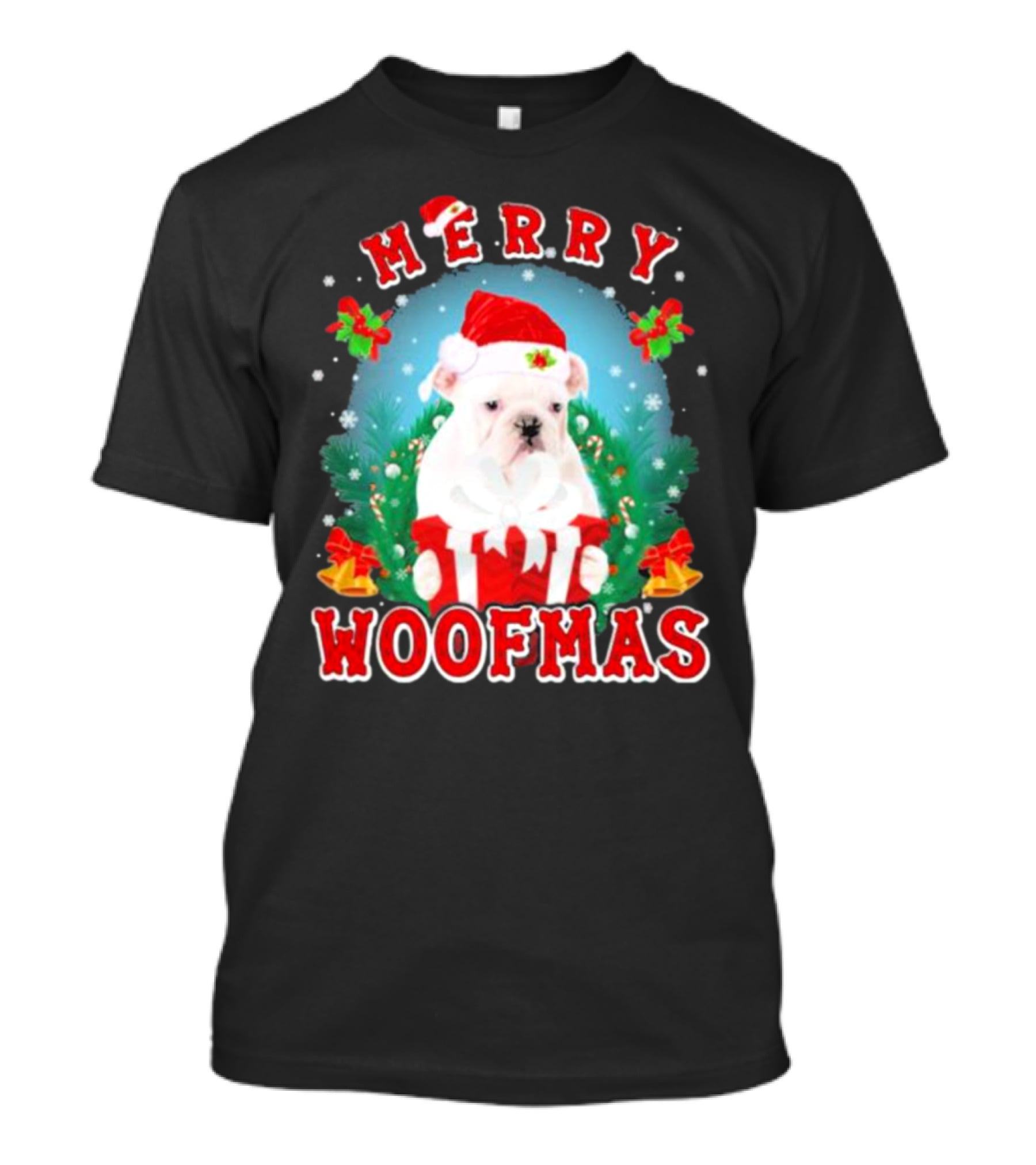 Bulldog In Santa Hat Merry Woofmas With Gifts And Bells T-Shirt