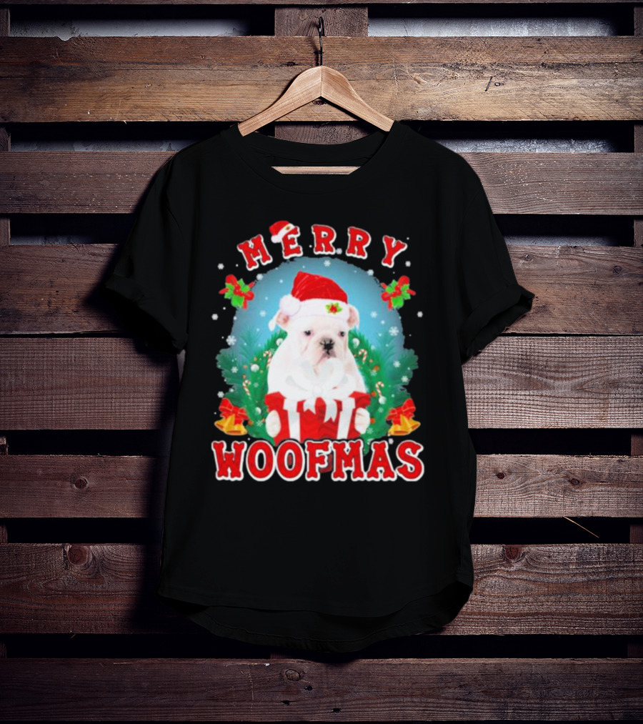 Bulldog In Santa Hat Merry Woofmas With Gifts And Bells T-Shirt
