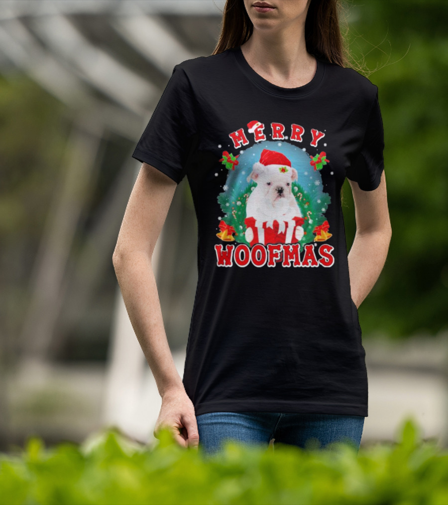 Bulldog In Santa Hat Merry Woofmas With Gifts And Bells T-Shirt