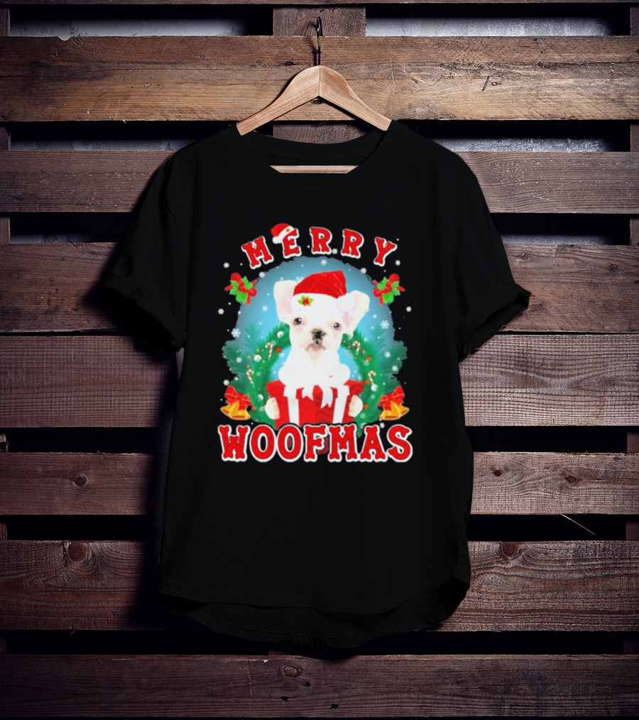 French Bulldog Merry Woofmas Holiday Joy Santa Hat Clematis Snow Christmas Wreath T-Shirt