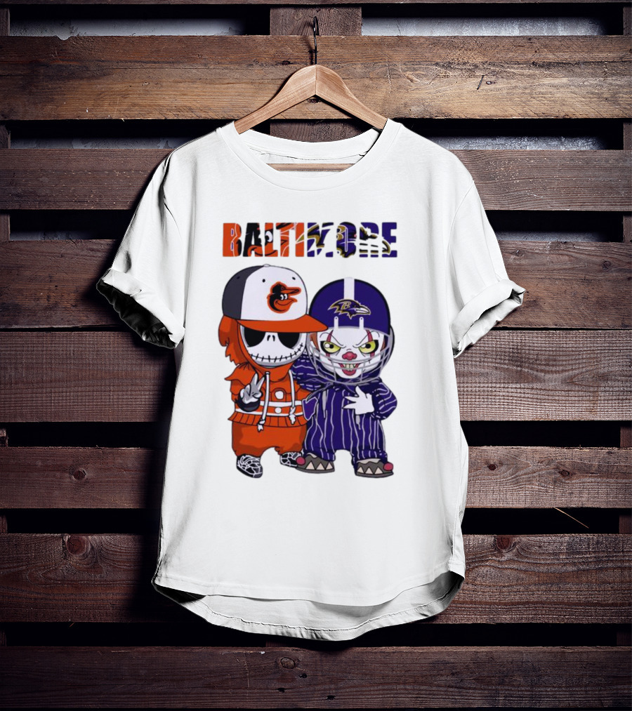 Baby Jack Skellington Pennywise Mashup Baltimore Orioles Ravens Halloween T-Shirt