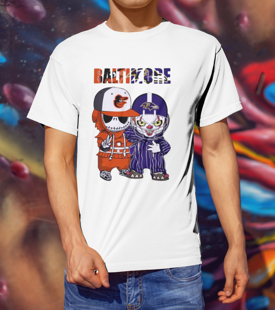 Baby Jack Skellington Pennywise Mashup Baltimore Orioles Ravens Halloween T-Shirt
